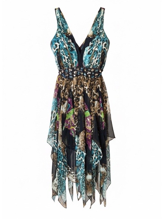 Jovani Dresses & Skirts - JOVANI 100% Silk Beaded Animal Print Handkerchief Hem Maxi Dress